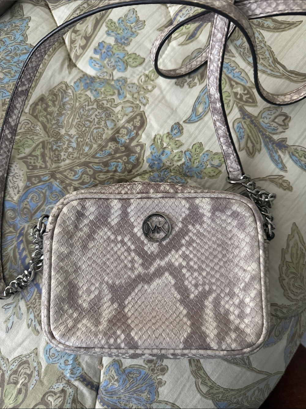 Michael Kors Metallic Snake-Effect Crossbody Bag in Silver Taupe